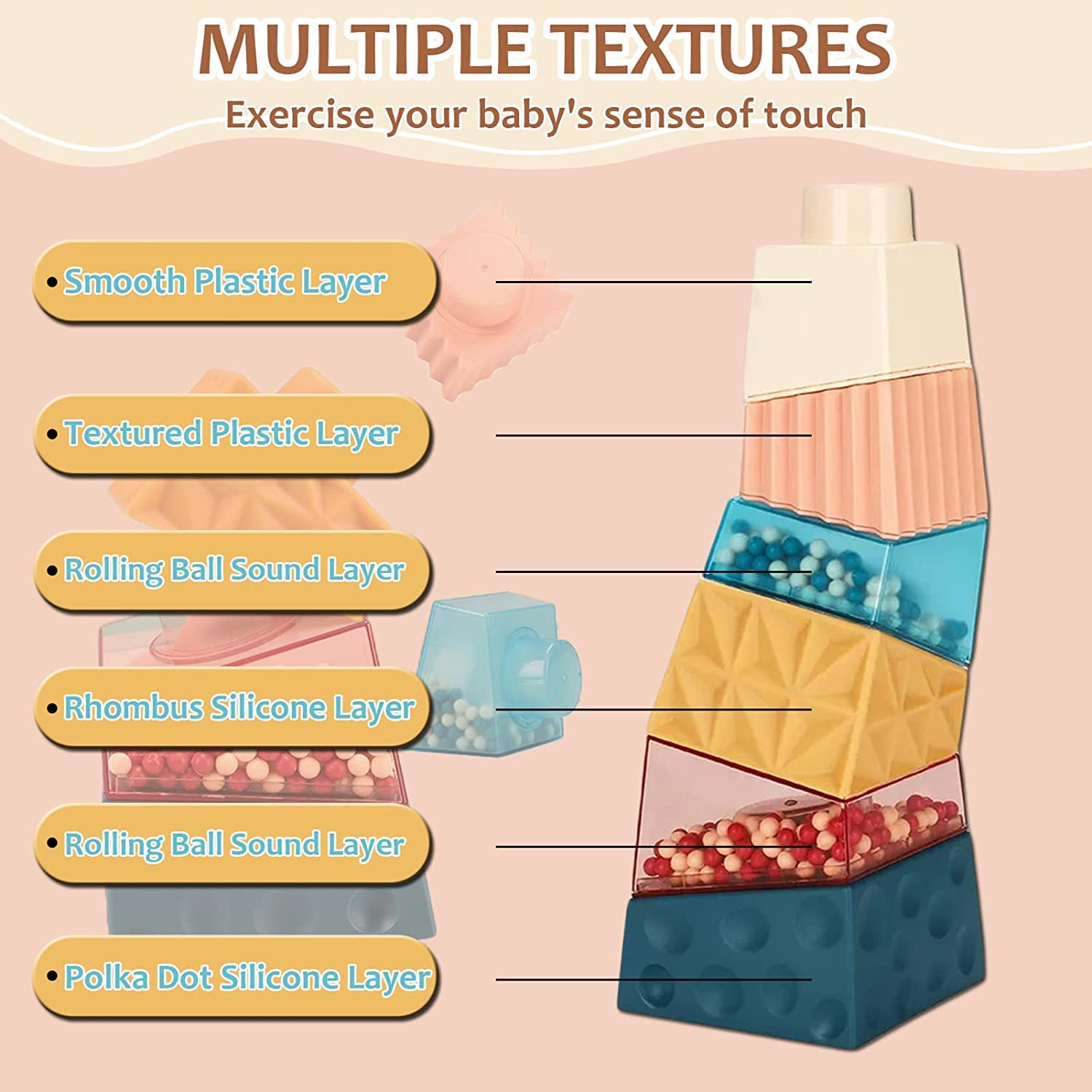 Cube Baby Stacking Toys Stacking Blocks Montessori Toys with Rattle Multi Color Stacking Rings Sensory Toys for Toddlers, 6PCS Stacking Tower Learning Education Boys and Girls image number 1