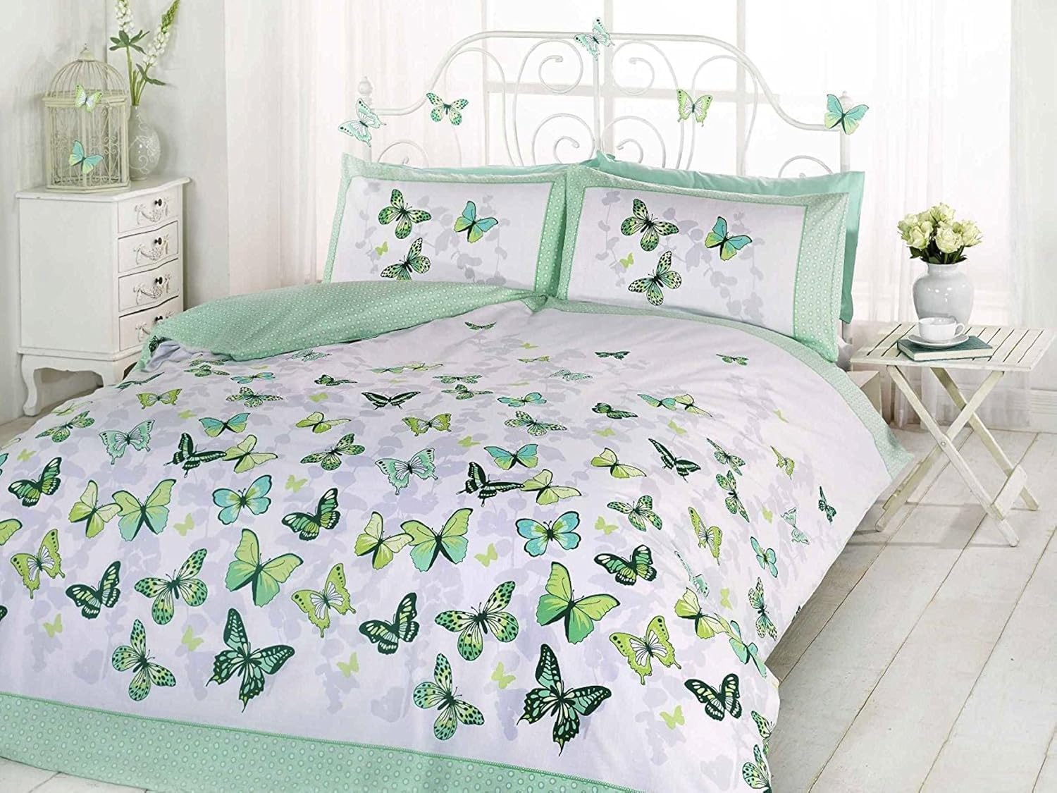 Rapport Home Furnishing Green Butterfly King Duvet Cover Set | Reversible Easy Care Polycotton Bedding with 2 Pillowcases - 230Cm X 220Cm