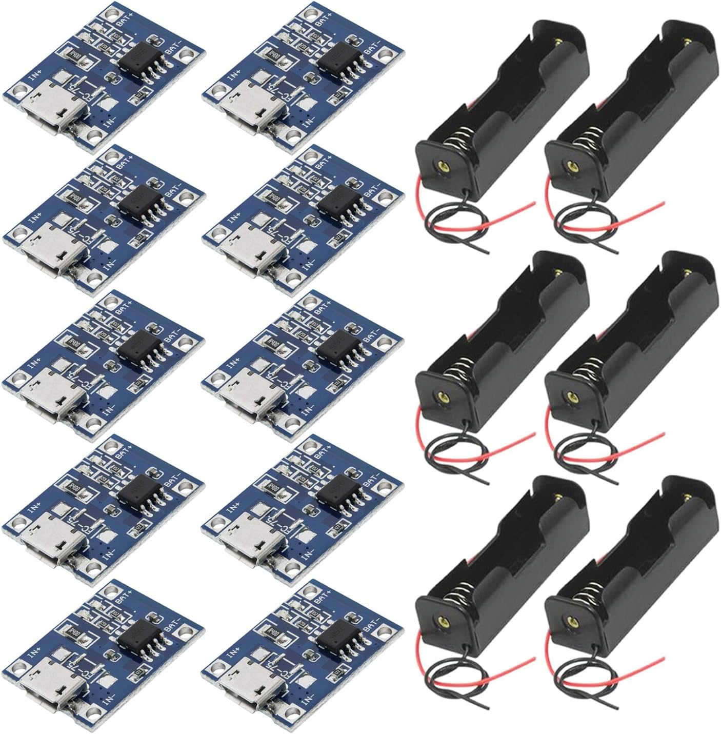 GTIWUNG Pack of 10 5V 1A USB Battery Charger Module Micro USB 5V 1A Charge Controller Lithium Li-Ion Battery Charger Lithium Charging Module + 6 Pieces 3.7 V 18650 Battery Holder with Wire Leads,
