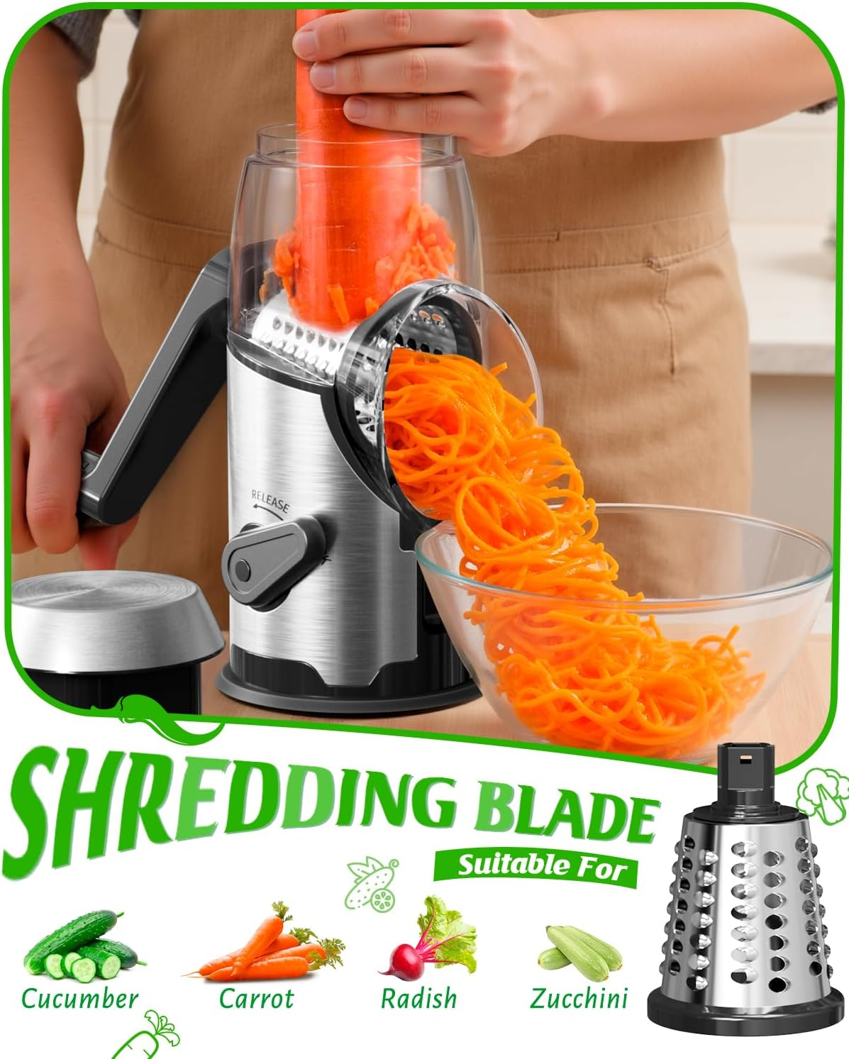 AUSELECT Cheese Grater Rotary - Hand Crank Vegetable Shredder Slicer Stainless Steel with 3 Blades, Easy to Clean Table Top Drum Grater with Anti-Slip Base Chopper Cutter for Kitchen Fruit, Nuts image number 1