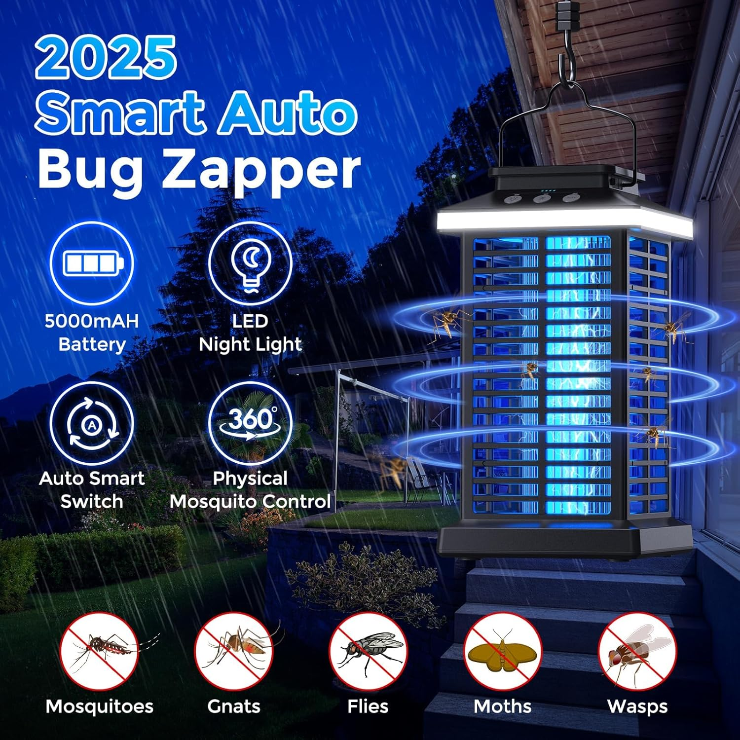Bug Zapper Outdoor, Mosquito Zapper 2 in 1 Portable & Rechargeable Bug Zapper Outdoor with 5000Mah Battery & LED Night Light, 4000V Electric Fly Zapper for Outside,Patio,Backyard,Garden,Dark Black - Black image number 6