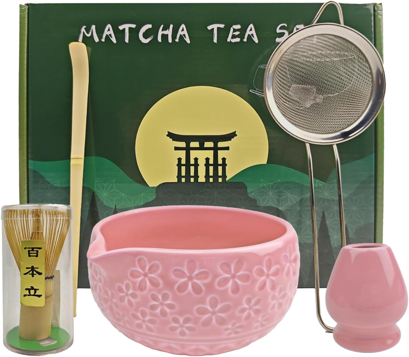 Matcha Whisk Set,5-Piece Ceramic Japanese Matcha Set Includes Matcha Bowl, Matcha Whisk and Holder, Bamboo Scoop, Scoop Rest, Sifter and Tea Towel - Matcha Kit for Matcha Lovers (Pink) image number 4