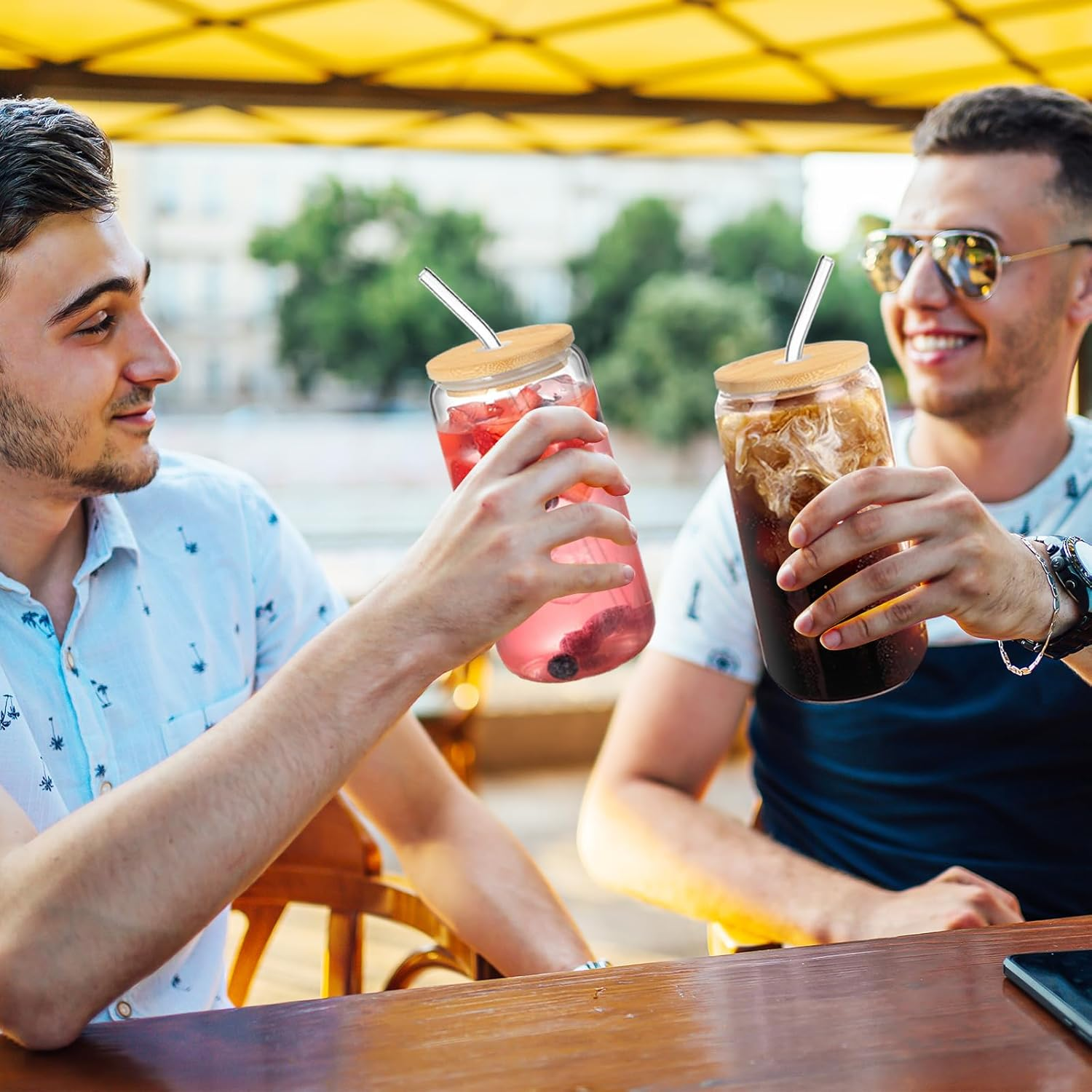 20 Oz Drinking Glasses with Bamboo Lids and Straws 2 Pack, Glass Coffee Cups,Glass Tumbler for Smoothie,Cocktail,Whiskey,Soda,Matcha-2 Glasses Straw 2 Brush image number 5