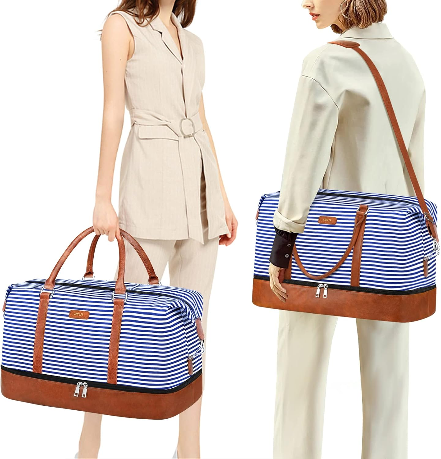 Weekender Bag for Women, 21" Womens Overnight Bag Travel Duffel Bag Set with Shoe Compartment Carry on Bag Fit 21.5" Laptop, Perfect for Travel/Business/Gift - A1-Canvas-Black Strip image number 4