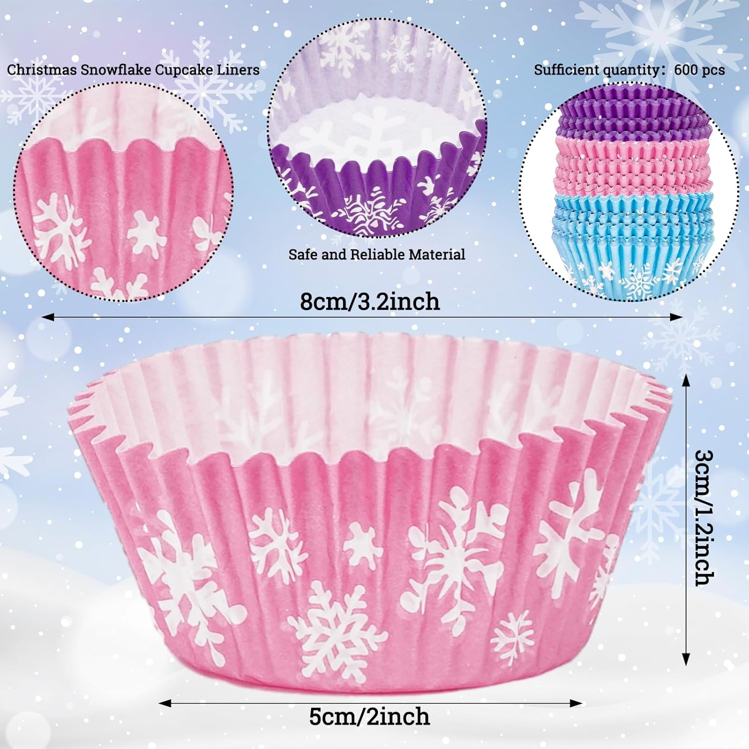 Whaline 600Pcs Winter Cupcake Wrappers Snowflake Cupcake Liners Pink Blue Purple Baking Liners Disposable Christmas Paper Muffin Cups for Home Kitchen Party Supplies, 2 X 1.2 In