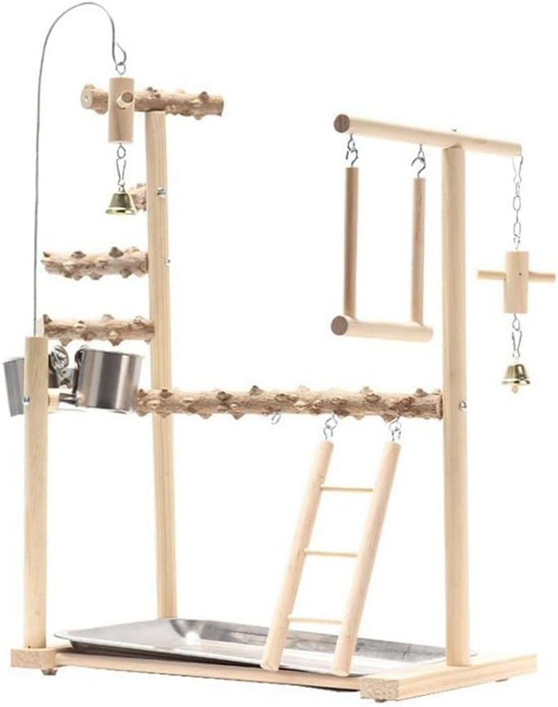 Bird Playground, Parrot Playstand with Wooden Perch, Ladder Feeder Cups and Hanging Bells Level Stand Ladder Cage Swings, Bird Toys Swing Exercise Life Activity Center Training Stand image number 3