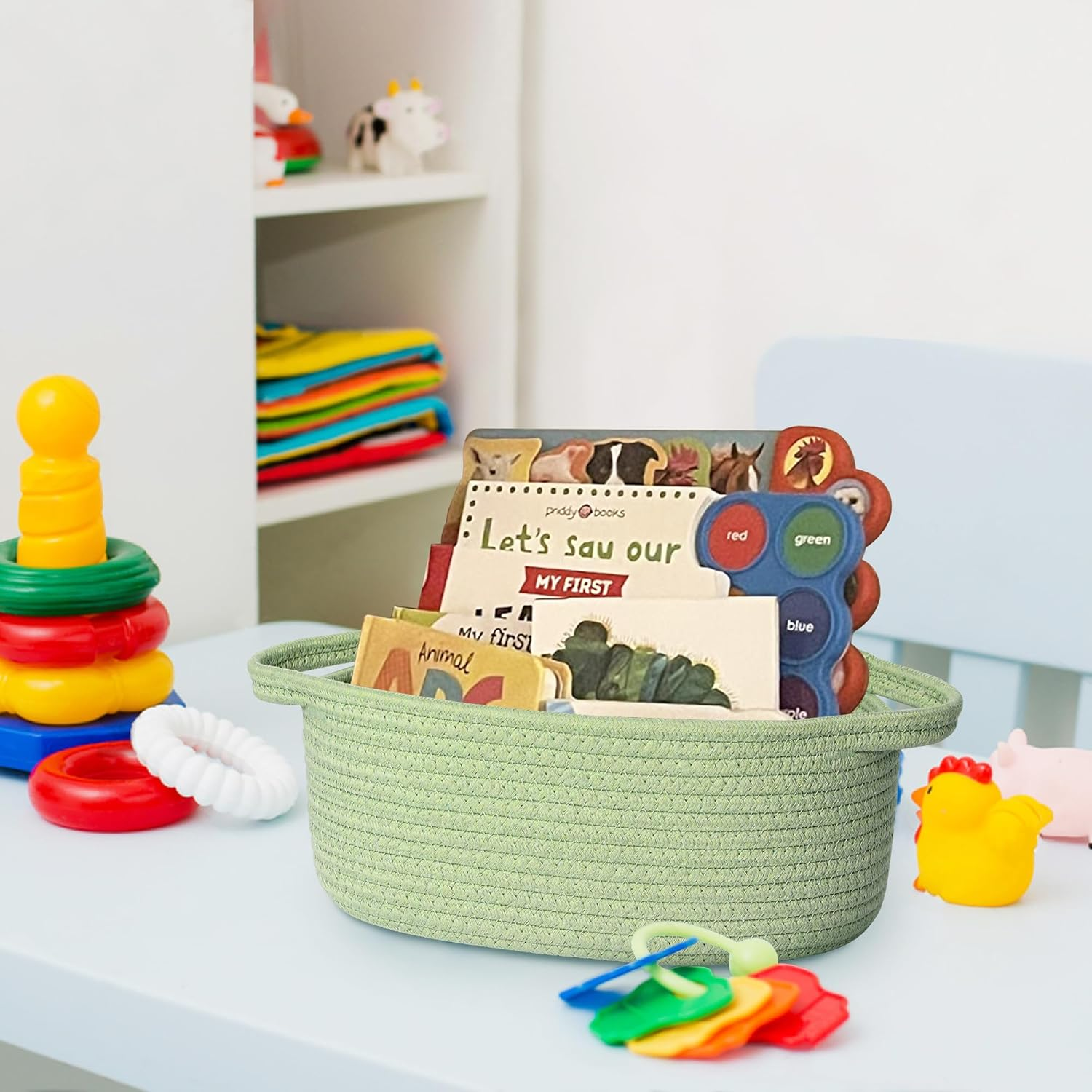 Small Woven Gift Basket, Baskets for Gifts Empty, Cotton Rope Cat Dog Toy Bin Box, Nursery Baby Basket, Wicker Basket with Handles, Shelf Storage Basket for Home Decor, Green, 12"X 8"X 5" image number 2