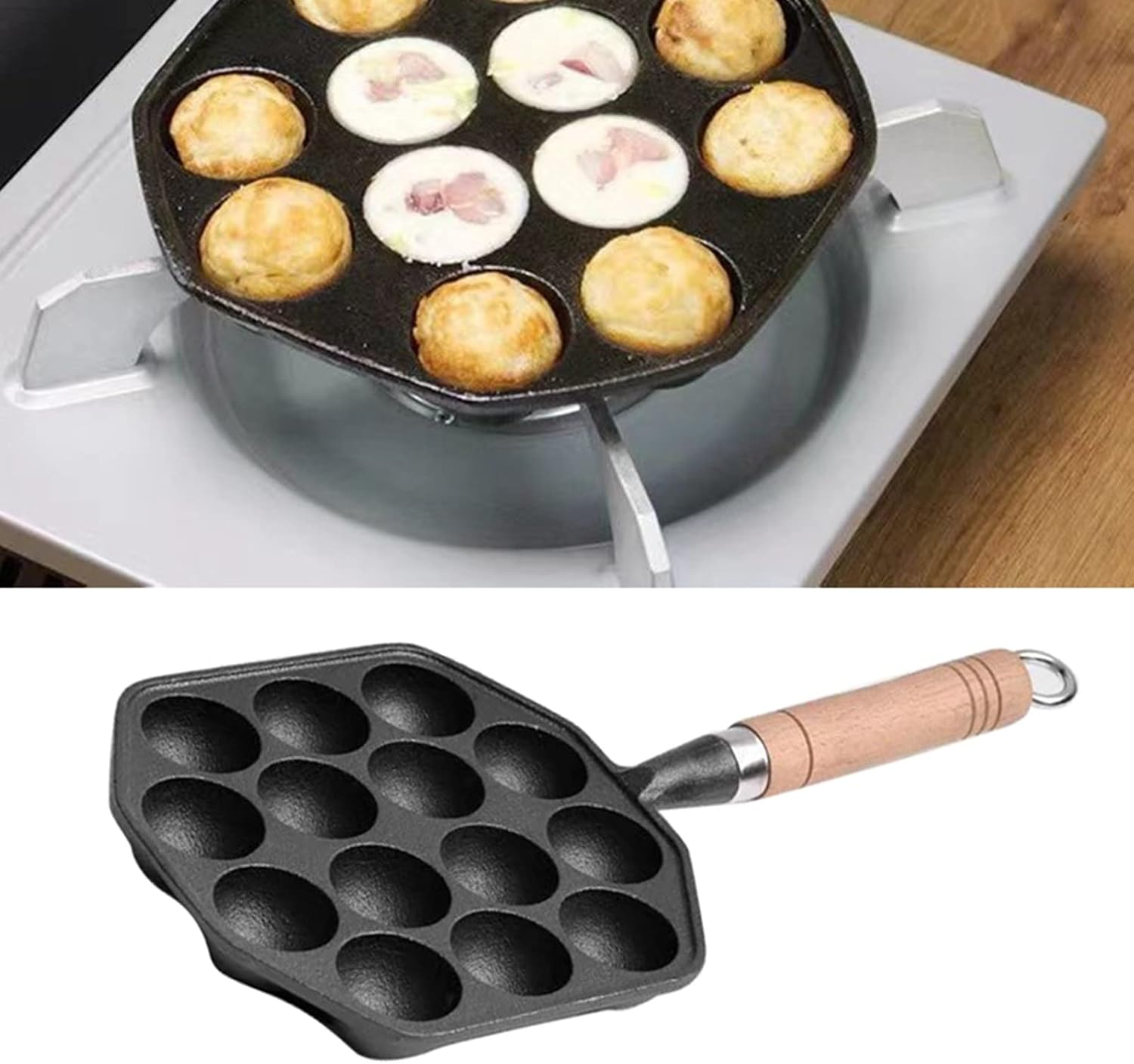 Nonstick Cast Iron Takoyaki Pan with 14 Molds, Detachable Handle, Fast Heating, Easy to Clean for Home Cooking image number 6