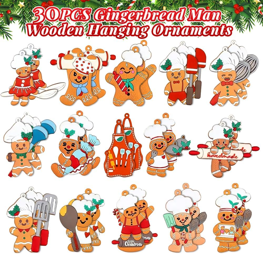 AUTOWT 30Pcs Wooden Gingerbread Christmas Ornaments Set, Assorted Ginger Man Hanging Decorations with Strings, Snowman Xmas Tree Hanging Figurine for Christmas Festive Season Holiday Party Home Decor image number 2