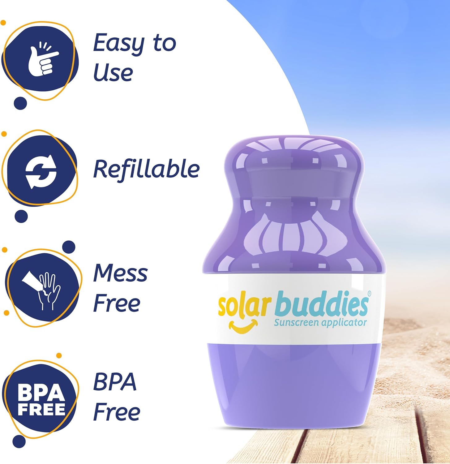 Solar Buddies Bag Bundle & Carabina Clip - Full Purple - Refillable Roll on Sponge Sunscreen, Suncream & Lotion Applicator for Kids, Adults & Families - Holds 3.4Fl Oz, Perfect Size for Travel - Blue image number 7