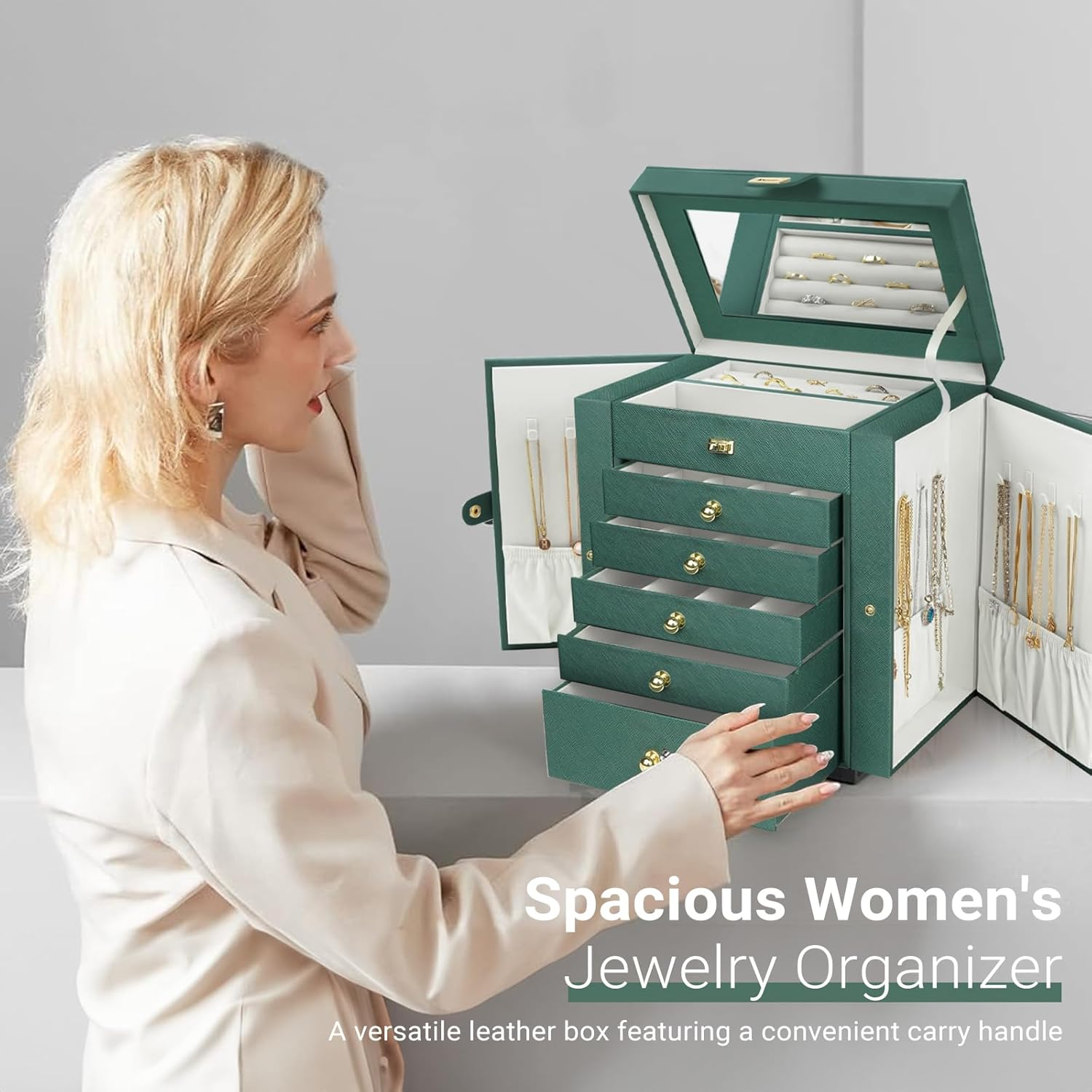 LIAN 6-Layer Large Jewelry Box with Big Mirror Functional Huge 5 Drawers Leather Jewelry Storage Case for Women Girls Ring Necklace Earring Bracelet Holder Organizer (Large-Pale Green) - Large-Pink image number 3