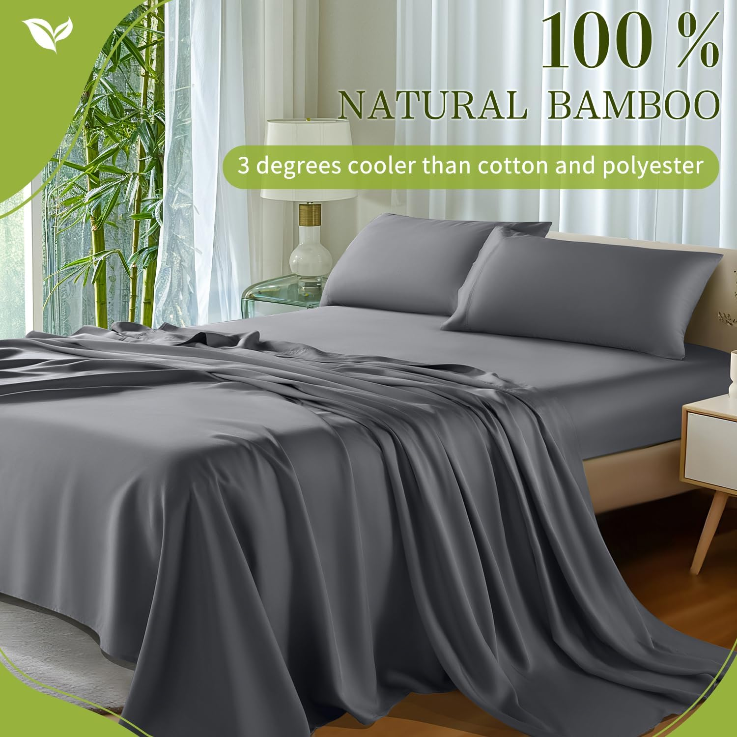 Shilucheng 100% Cooling Bamboo_ Sheets Set- Queen Size 1800 Thread Count Soft Bed Sheets,16 Inch Deep Pocket,Breathable,Comfortable and Pilling Resistant -4Pc(Queen,Dark Grey) image number 1