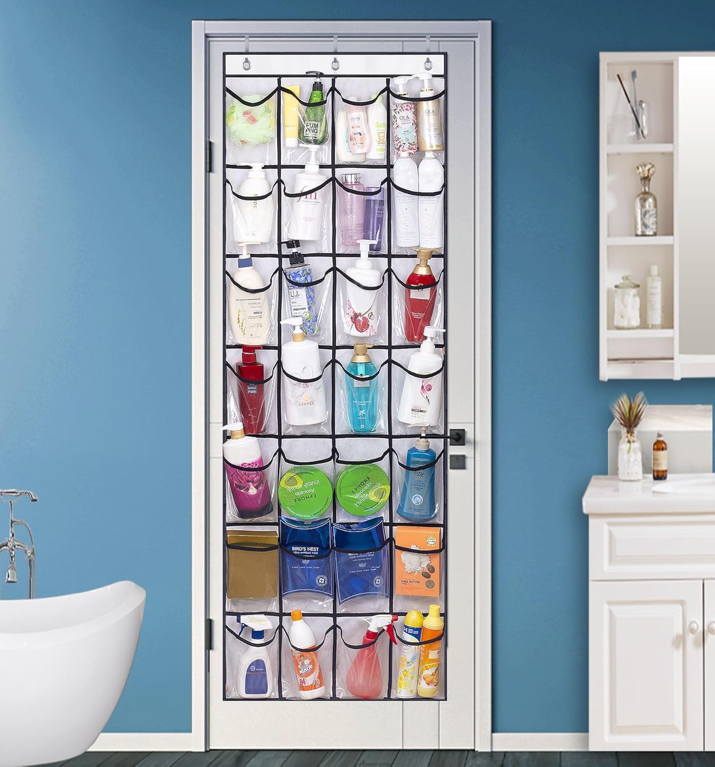 KEETDY 28 Large Clear over the Door Shoe Rack with Crystal Pockets Hanging Shoe Organizer Storage Shoe Holder for Closet Hanger, White image number 6