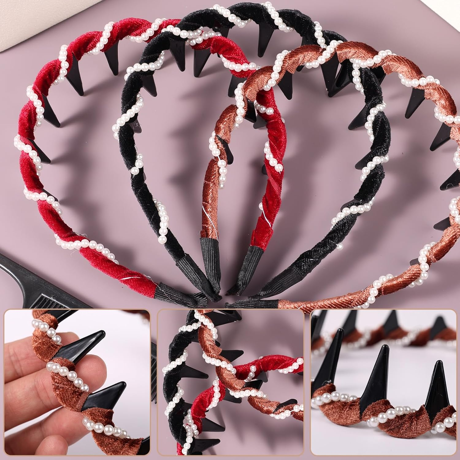 Sinbana 3Pcs Vintage High Cranium Pearl Headbands, with Comb Non-Slip Crown Wave Hairband Hair Accessories for Weddings Parties & Daily Wear (Brown, Red, Black) image number 3
