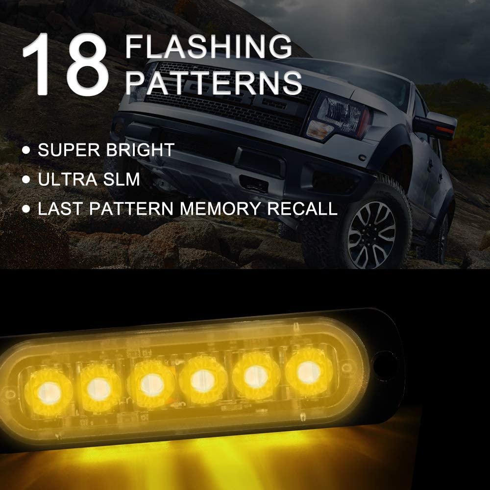 4-Pack 6 LED Amber Strobe Lights Vehicles Trucks Emergency Strobe Lights Kit 12V -24V Warning Hazard Flash Strobe Lights Bar Grill Grille Surface Mount Super Bright Waterproof image number 3