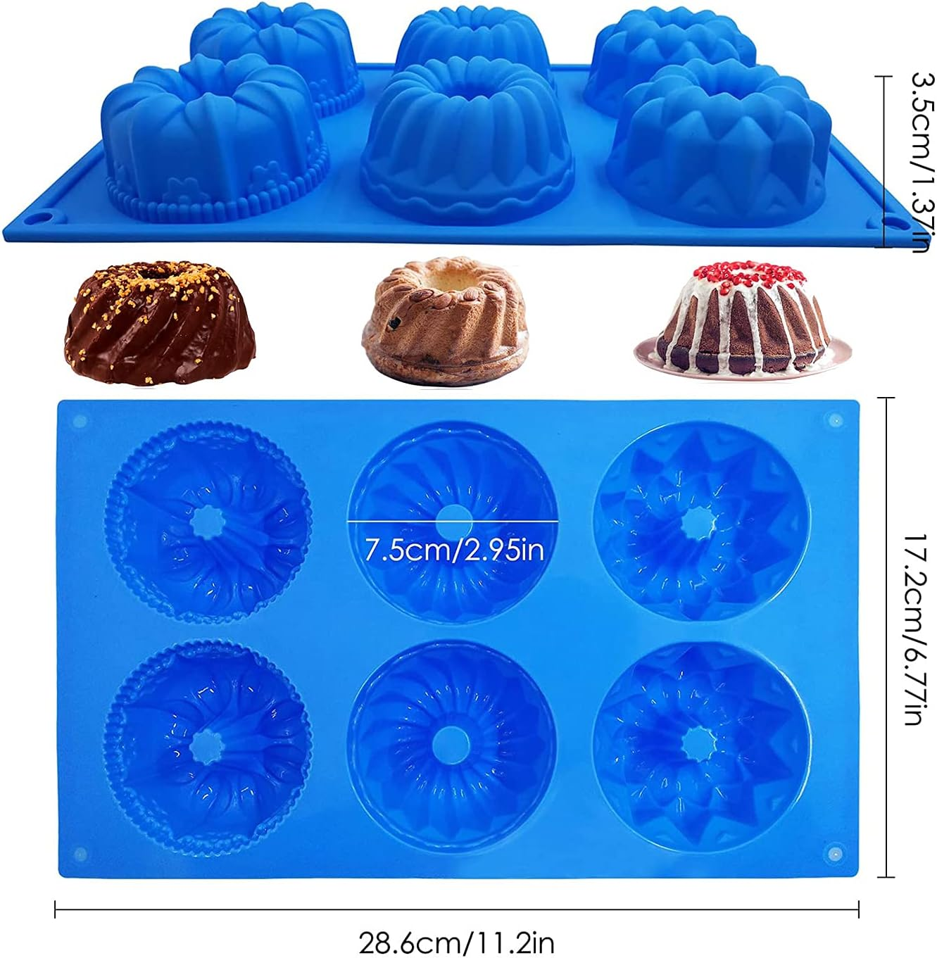 SAGOOITS Silicone Mini Bundt Cake Pans, 6-Cavity Fluted Tube Cake Pan, Non-Stick Silicone Baking Mold for Cupcakes, Donuts, Cornbread, Brownies, Jellies-2 Packs (Pink, Blue) image number 2