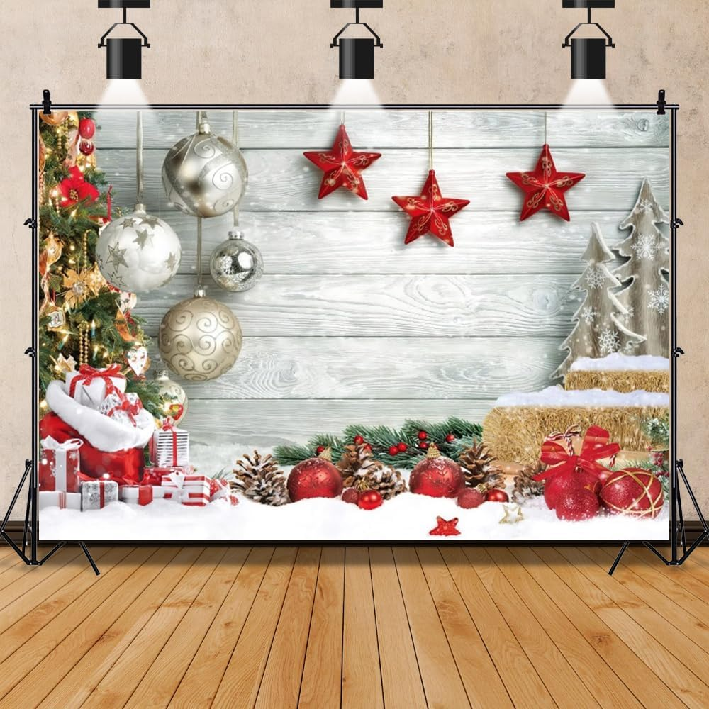 White Christmas Wooden Backdrop Winter Snow Wood Floor Photography Background Xmas Tree Gift Winter Holiday Family New Year Party Decoration Photo Props Family Holiday Party Supplies 10X8Ft image number 1