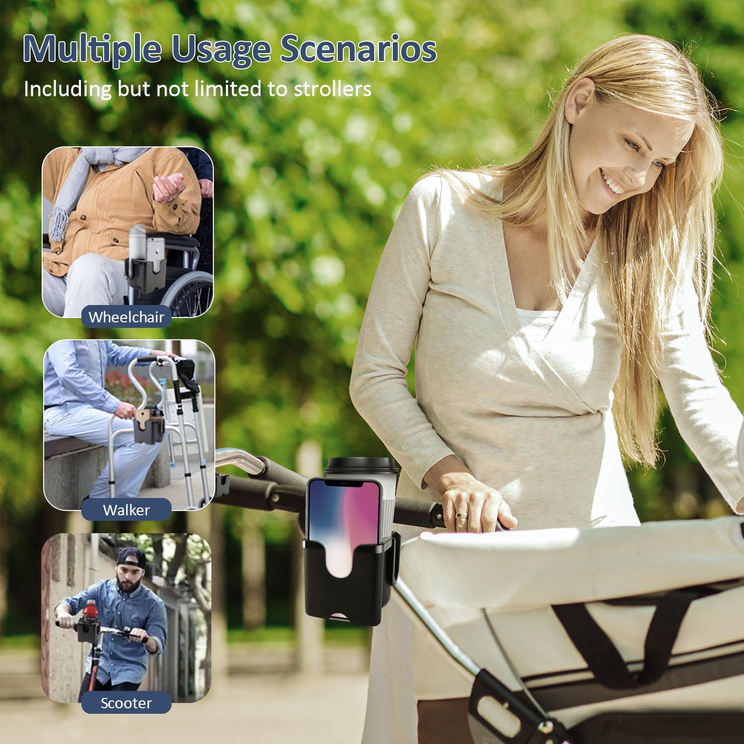 Universal Stroller Cup Holder with Phone Holder, 360&deg;Rotatable Bottle Holder with Strong Clip, Accessories for Stroller, Bike, Wheelchair, Walker, Scooter image number 5