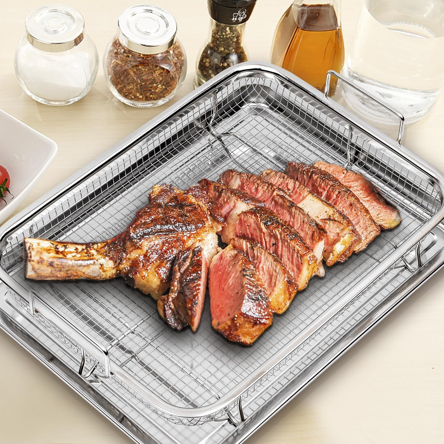 SZMDLX Crisping Basket & Tray Set for Oven, Air Fryer Crispy Basket, Tray & Grease Catcher, Oven Baking Tray with Mesh Crisping Grill Basket, Non-Stick & Healthy Cooking, 32.5 * 24.5 * 8Cm image number 2