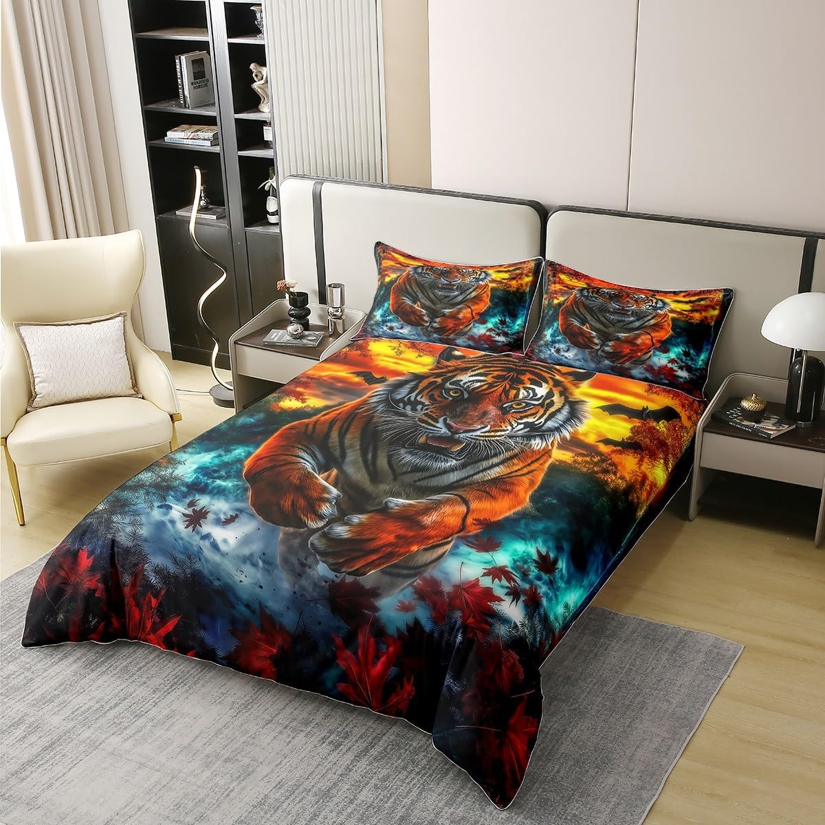 Tiger 100% Cotton Duvet Cover, Wild Animal Tiger Bed Linen Set, 155 X 220 Cm, Wild Animal Print Comforter Cover, Western Farm Red Maple Leaves Room Decor with 1 Pillowcase, Blue Orange Bed Set image number 1