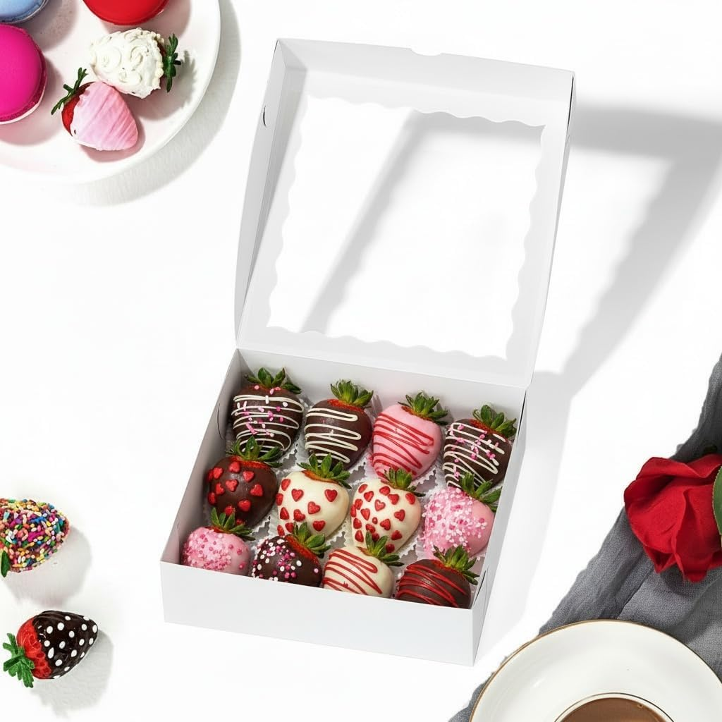 Romanticbaking 28Pcs 9X9X2.5 Inches Bakery Boxes with Window for Pie, Chocolate Covered Strawberries, Breakable Heart, Cookies, Cakesickle image number 4