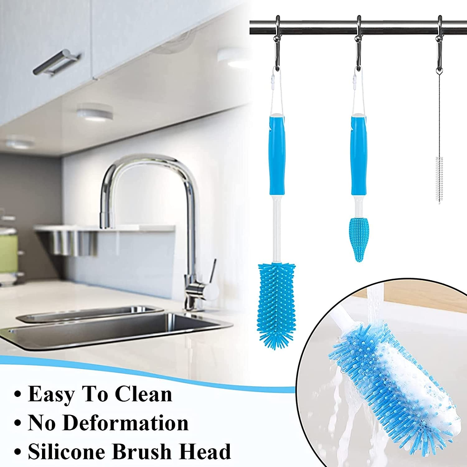 Silicone Bottle Brush Cleaner Set - 3 Pack Long Handle Brushes for Hydro Flask, Glassware, Baby Bottles, Vases, Wine Decanters, Pipes, Narrow Neck Containers - Blue image number 3