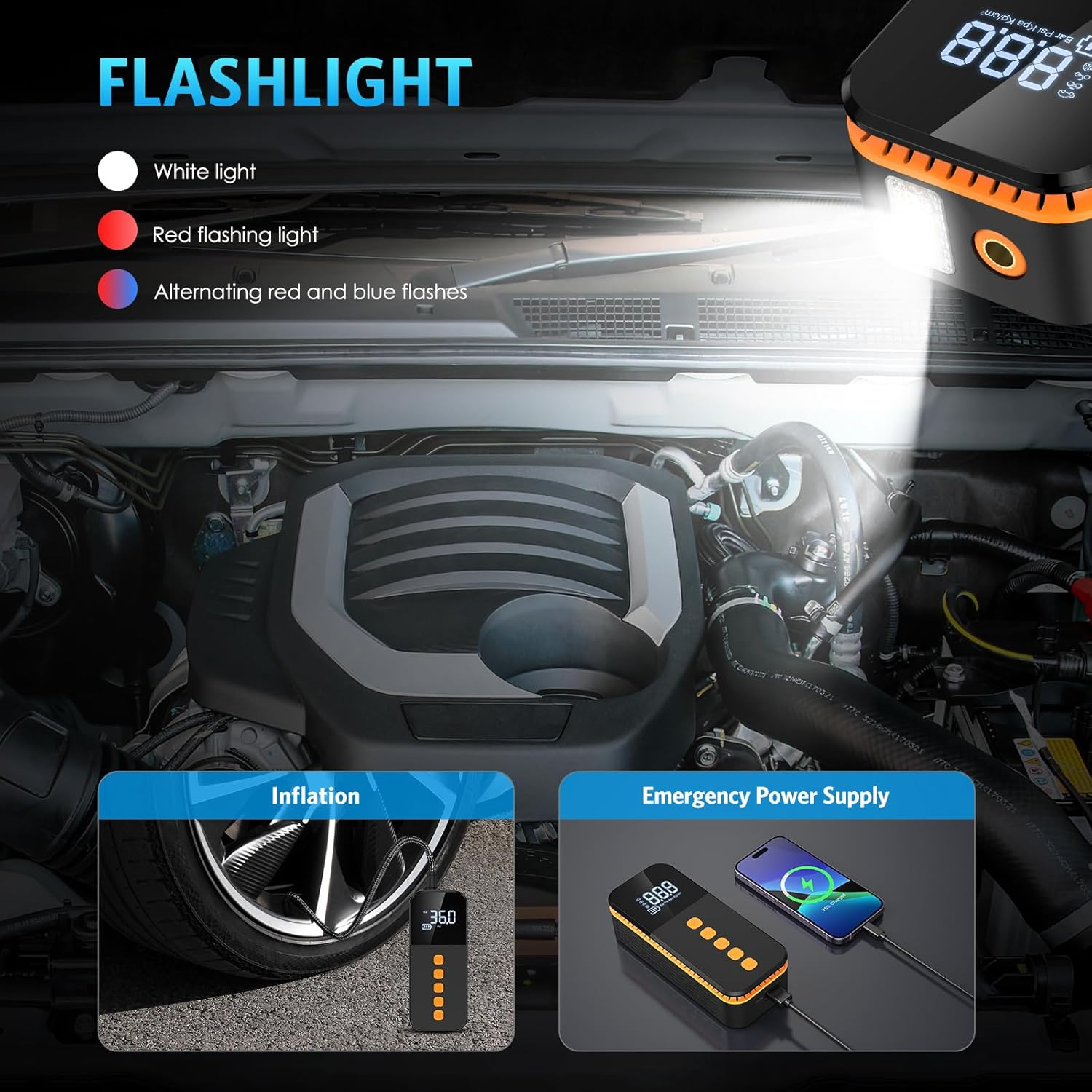 AMIR Portable Air Compressor, Powerful Cordless Tyre Inflator with 3 Nozzle Adaptors and LED Light, Tyre Pump with Pressure Gauge for Car, Motorbike, Bike and Ball image number 1