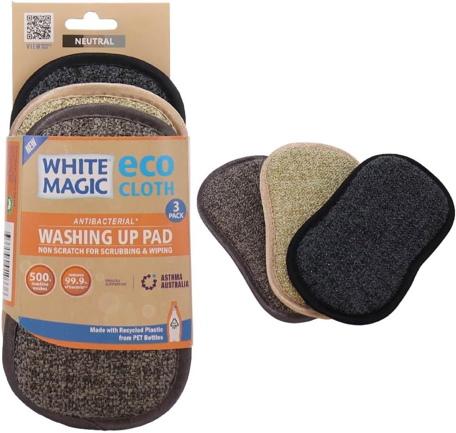 White Magic Eco Cloth Washing up Pad 3 Pack, Neutral - Double-Sided, Non-Scratch for Tough Messes & Gentle Cleaning, Machine Washable, Multi-Purpose Scrubbing Pads for Dishes & Surfaces image number 6