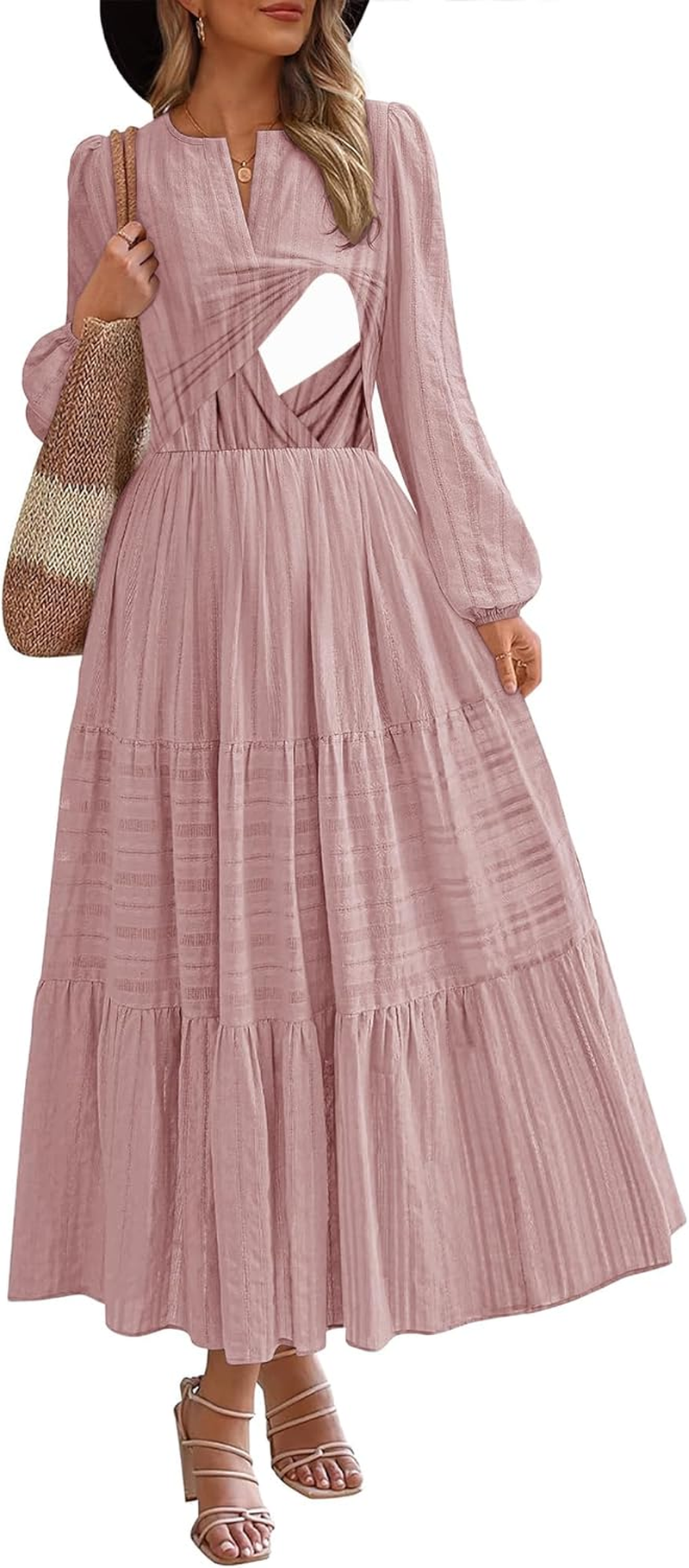Nursing Fall Dresses for Women Puff Long Sleeve V Neck Tiered Wedding Guest Maxi Dress with Pockets