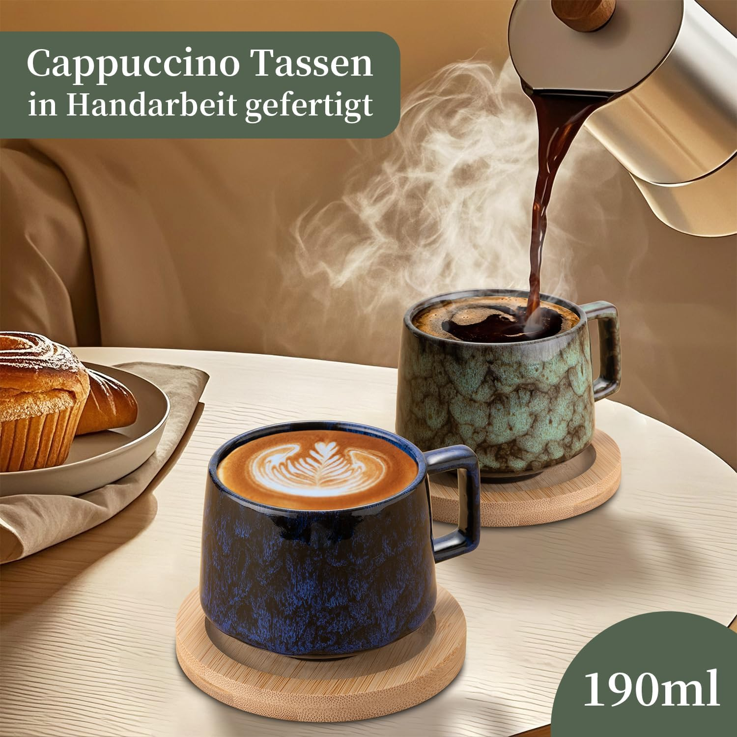 Set of 4 Espresso Cups, 190 Ml Cappuccino Cups with Wooden Saucers, Coffee Cups with Saucers, Stoneware Cups for Coffee, Americano, Latte, Cafe, Mocha and Tea (Beige + Cyan + Dark Blue + Dark Green) - 2, Beige + Cyan image number 3