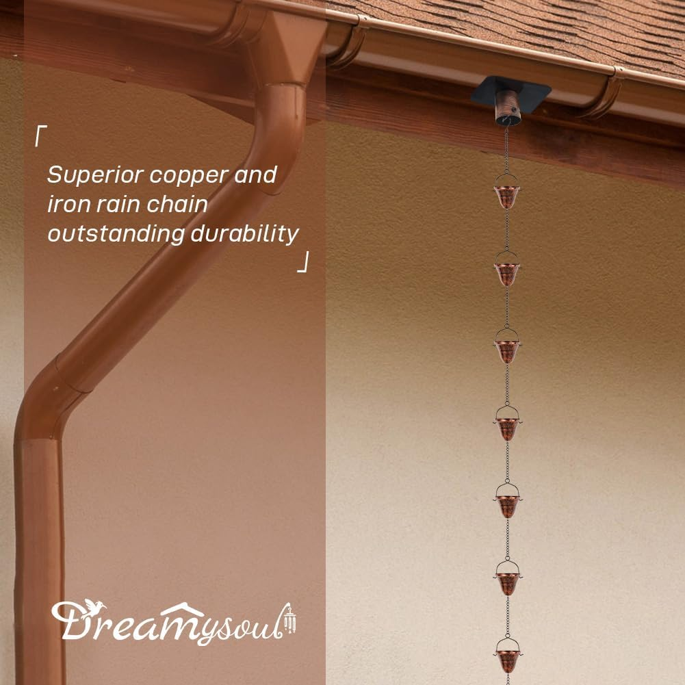 Dreamysoul Copper Rain Chains for Outside, 10.43FT with 12 Cups Rain Catcher Chains for Downspout Gutters, Eaves Drainage image number 6