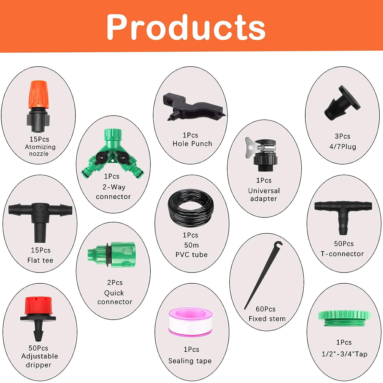 Garden Irrigation System, 164FT/50M Drip Irrigation Kit, DIY Saving Water Automatic Irrigation Equipment Set for Garden, Greenhouse, Lawn, Patio (200PCS + 50M Hose) image number 2