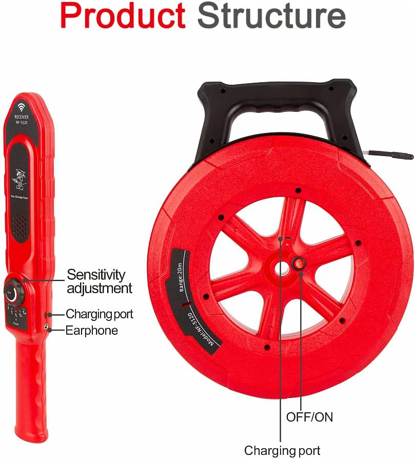 Pipe Blockage Detector, Water Pipe Locator Underground Diagnostic-Tool Wall Scanner Pipeline Blocking Clogging Scanner Plumbers Instrument for Metal PVC Water Pipes, 20M image number 2