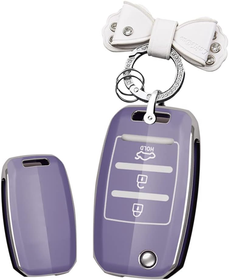 HIBEYO Folding 3 Button for Kia Key Fob Cover TPU Key Case for Kia Sorento Sportage Rio Soul Forte Optima Carens Picanto Smart Key Holder Car Accessories with Keychains-Bow Key Chain(White)