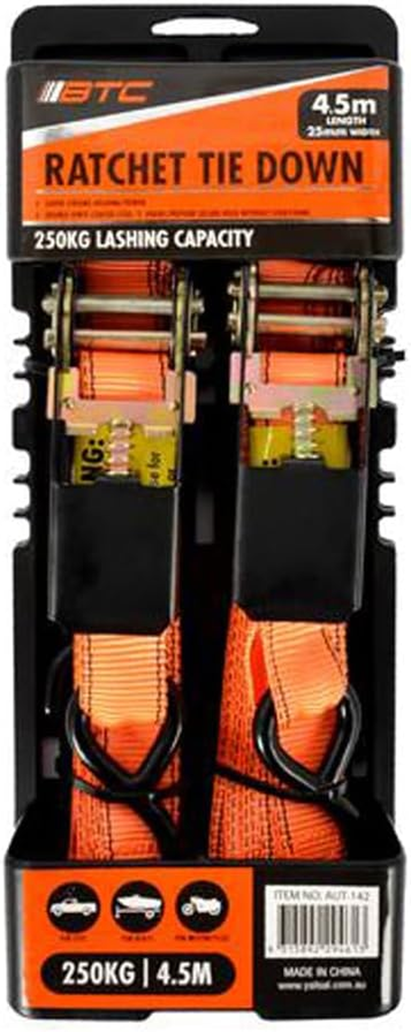 BTC Heavy Duty Ratchet Tie down 2 Pieces Set, 4.5 Meter Lengh X 2.5 Cm Width image number 2