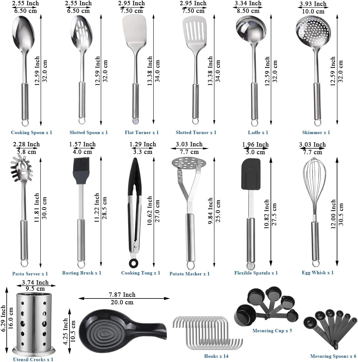 Reanea Kitchen Utensils Set, 39 Pieces Stainless Steel Cooking Utensils Set, Spoon Spatula Set with Sturdy Stainless Steel Utensil Holder, Dishwasher Safe