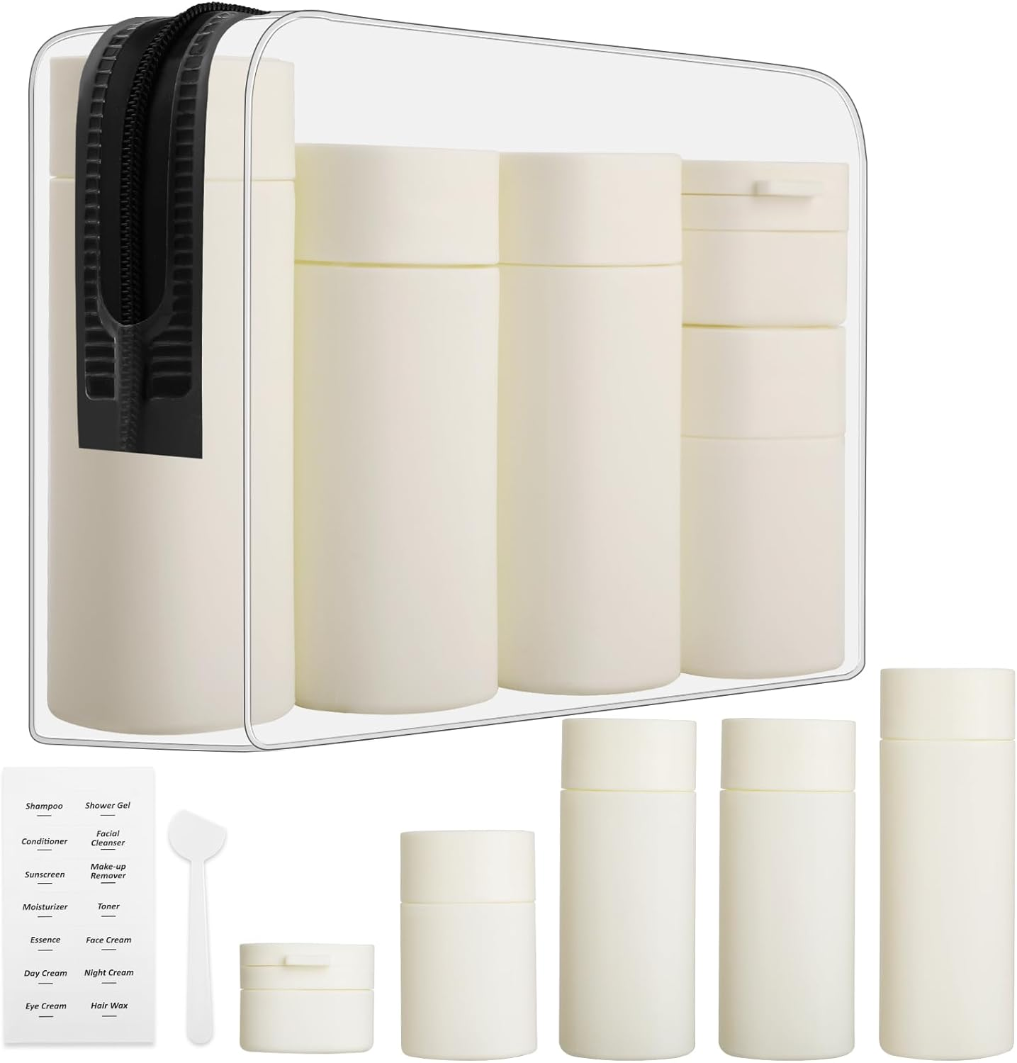 5Pcs Travel Bottles Set, Geeric Refillable Toiletry Bottle 50&mdash;100Ml TSA Approved Leak-Proof Small Cream Can Soft Bottle for Shampoo, Lotion,Cream+Waterproof Bag White