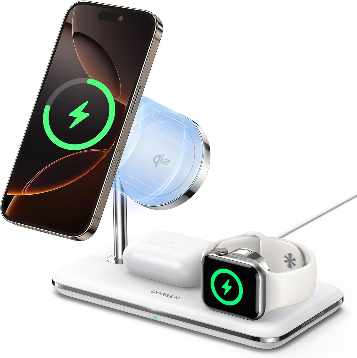 UGREEN Magflow Qi2 Wireless Charger, 25W 3 in 1 Charging Station, Fast Charge, Compatible for Iphone 16/15/14/13/12 Magsafe Series, Apple Watch, Airpods Series (No AC Adapter) image number 1