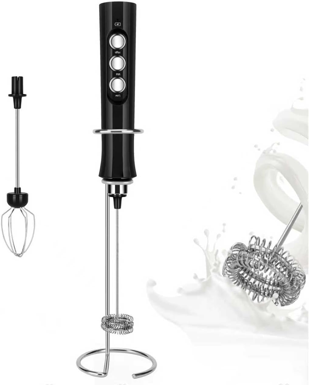 Bournehouse BH03 Rechargeable Milk Frother, 3-Speed, 2 Whisks for Cappuccino, Latte, Bulletproof Coffee, Keto Diet, Protein Powder, Matcha (Dark Black) image number 3