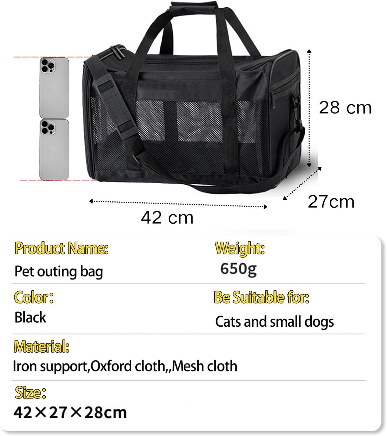 Portable Cat Carrier Dog Carrier, Lightweight Breathable Pet Carrier with Removable Pad, Puppy Travel Carrier Bag Airline Approved Black image number 3