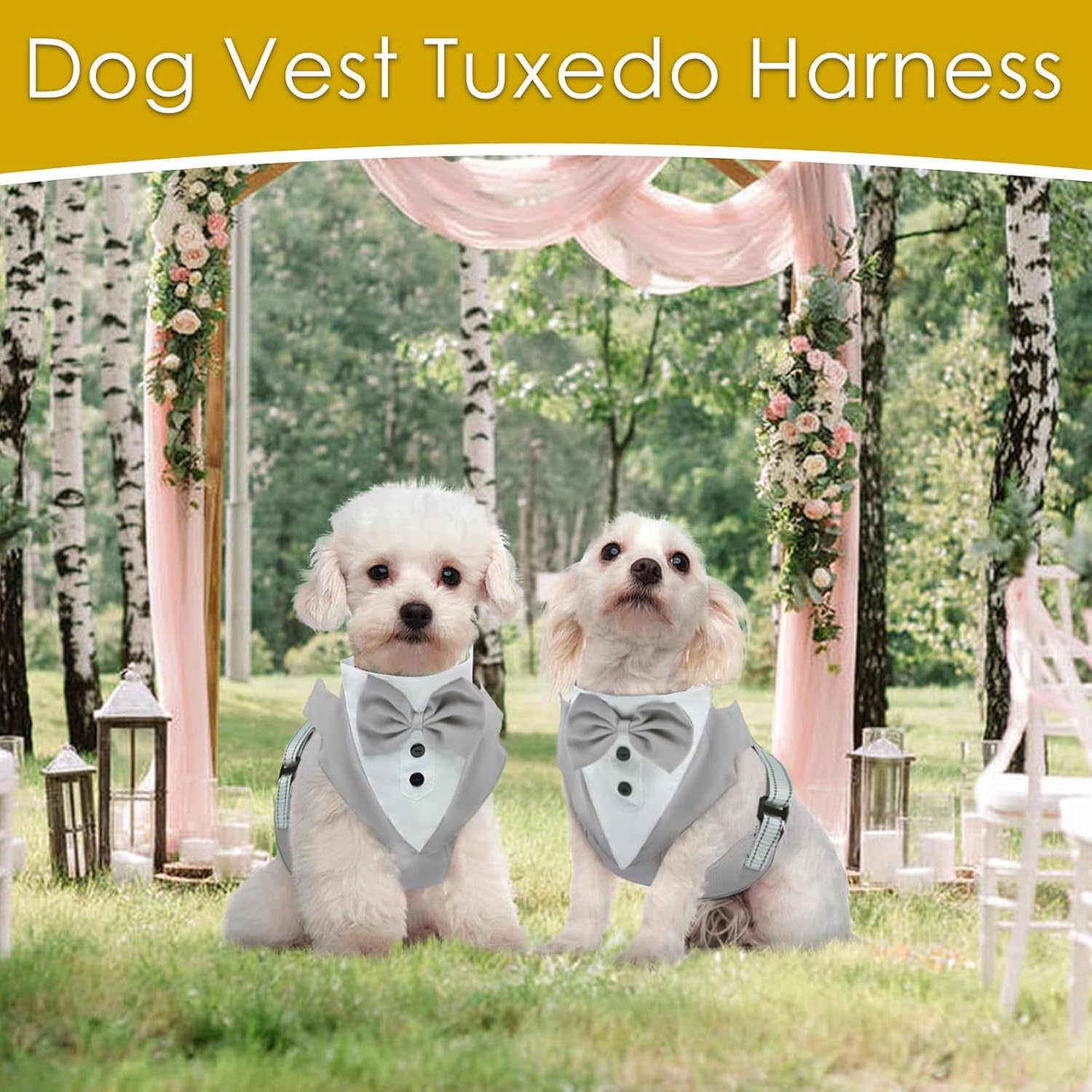 BRKURLEG Dog Vest Tuxedo Harness, Adjustable No Pull Tuxedo with Leash, Dog Wedding Party Suit with Bow Tie for Small Medium Dogs, Pet Costume Outfit for Birthday Christmas Halloween, Grey, M image number 1