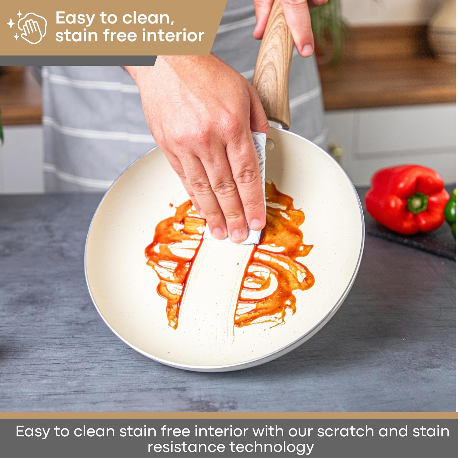 Nuovva Non Stick Pots and Pans Set &ndash; Induction Hob Pots Set &ndash; 5Pcs Kitchen Cookware with Lids &ndash; Cooking Cream Granite Saucepan Pots and Frying Pans &ndash; By image number 2