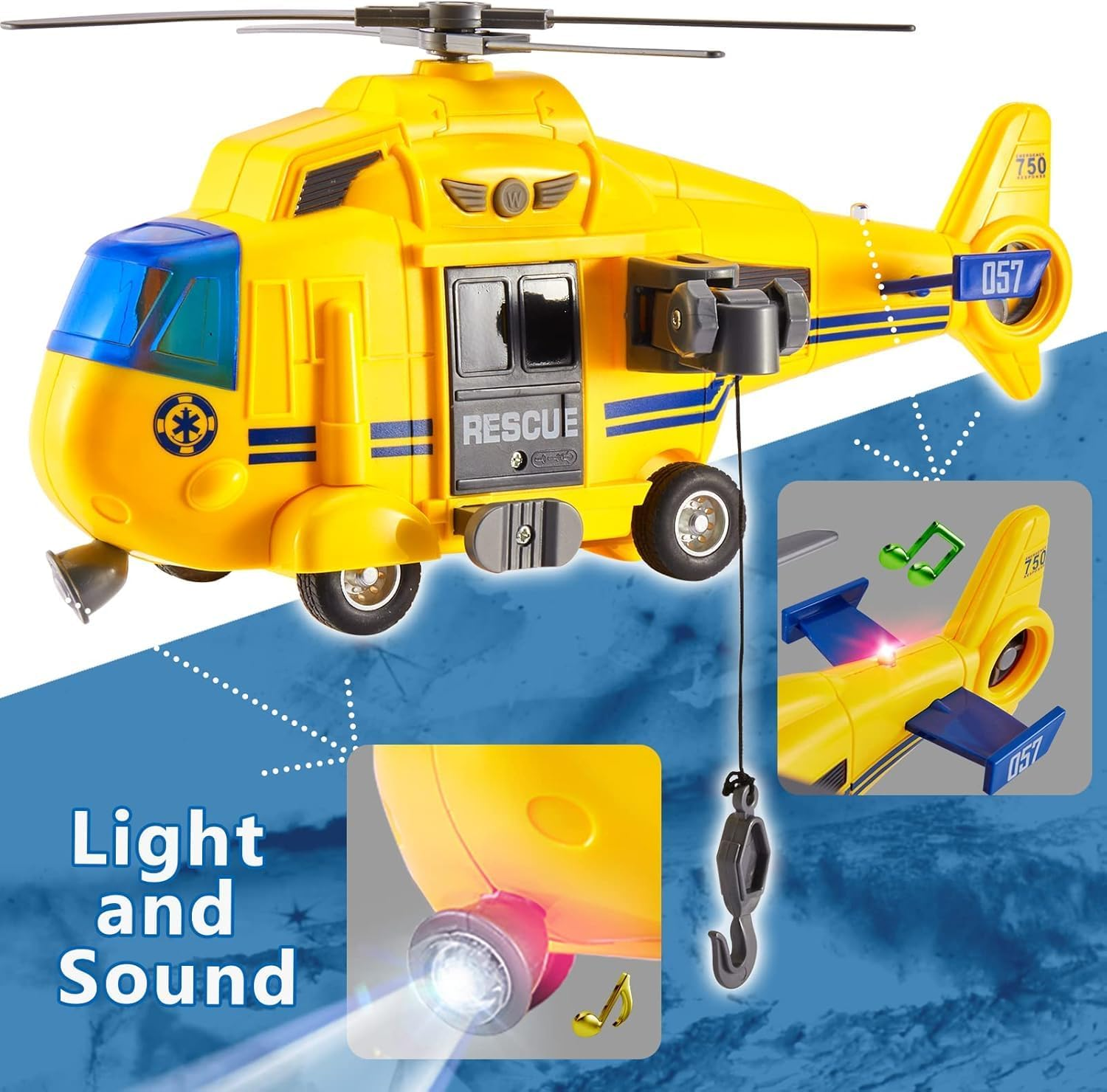 LESUNTINGKY Rescue Helicopter Toy with Light and Sound Push and Go Cars Educational Toys Gifts for Kids Boys Girls 3 4 5 6 Years Old (1:16) image number 5