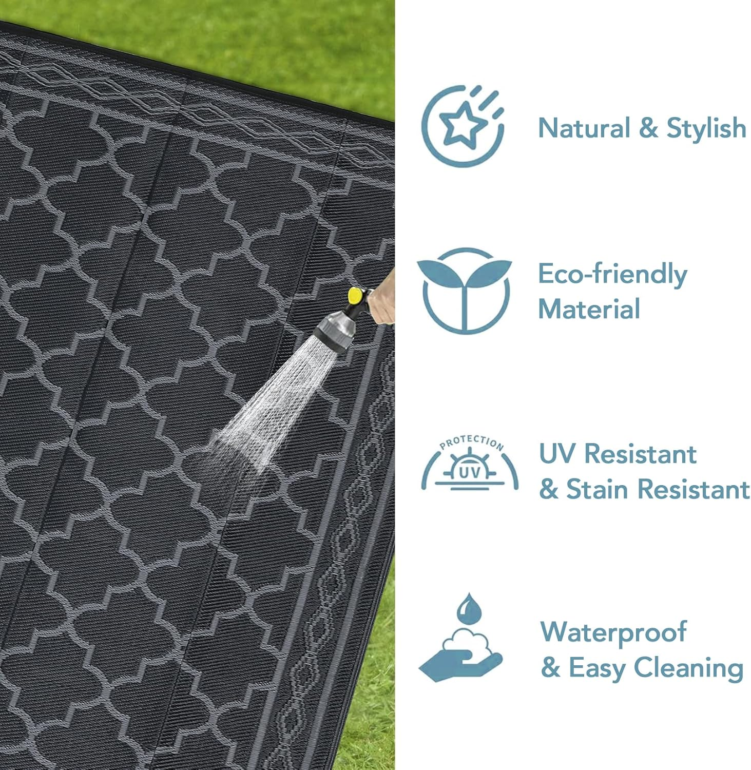 Lintimes Outdoor Rug for Patio Clearance, 152 X 244 Cm Reversible Mats, Waterproof Carpet, Plastic Straw Rug for Indoor Outdoor, Floor Mat&Rug for RV Porch Backyard Deck Beach, Black Gray image number 3