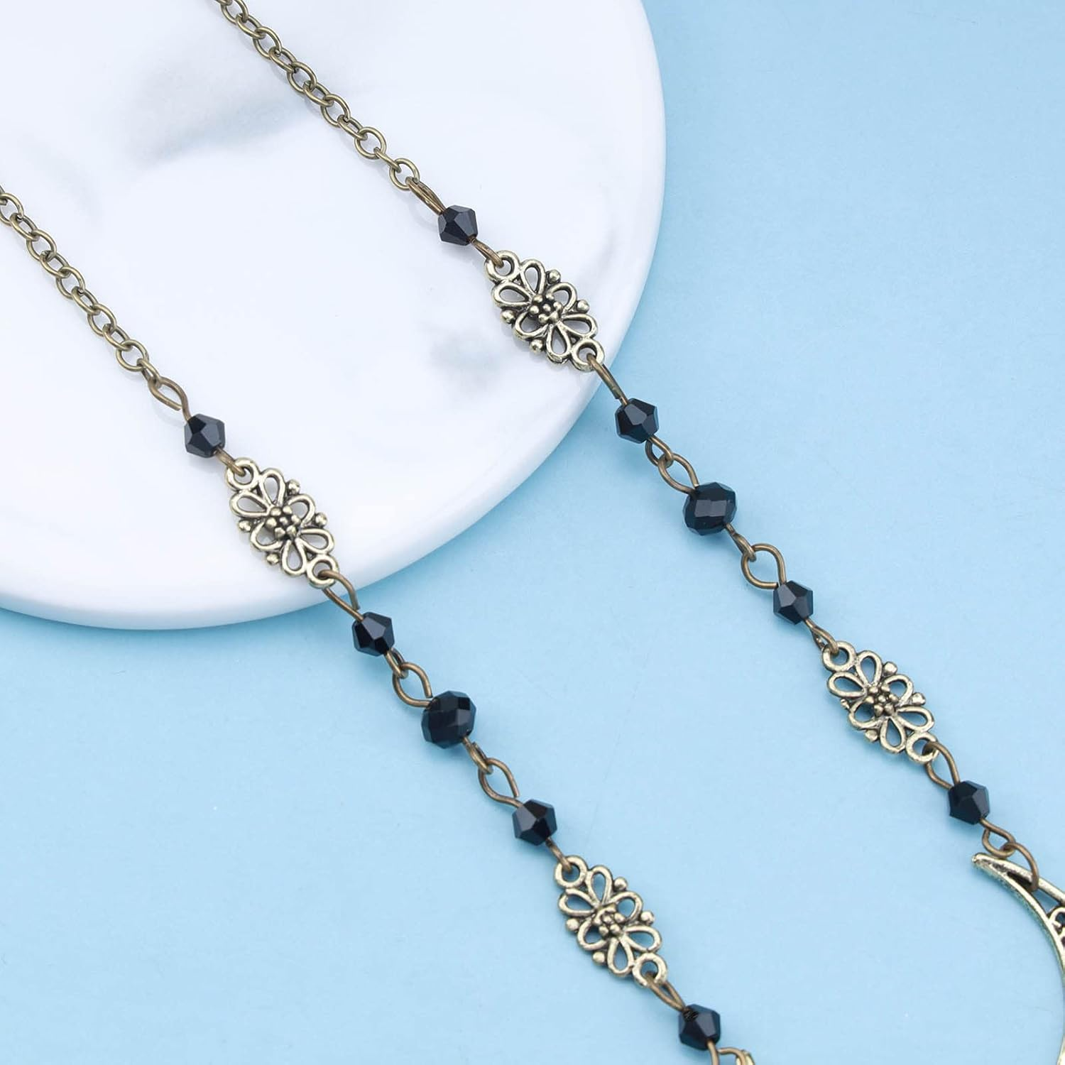 Yheakne Boho Crescent Moon Hair Chain Headband Black Crystal Head Chain Gothic Headband Hairpiece Gypsy Headband Tiara Festival Hair Accessories for Women and Girls image number 1