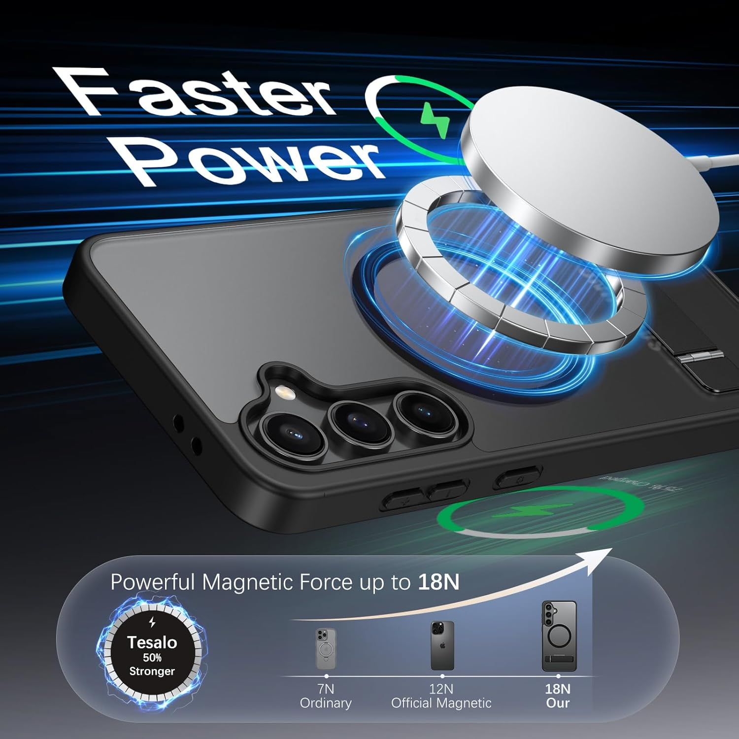 VENINGO Samsung Galaxy S24 FE 5G Case, Magnetic Cover with Invisible Kickstand, Compatible with Magsafe Slim Fit Anti-Scratch Military Grade Drop Protection Matte Translucent Hybrid Shockproof, Black image number 1