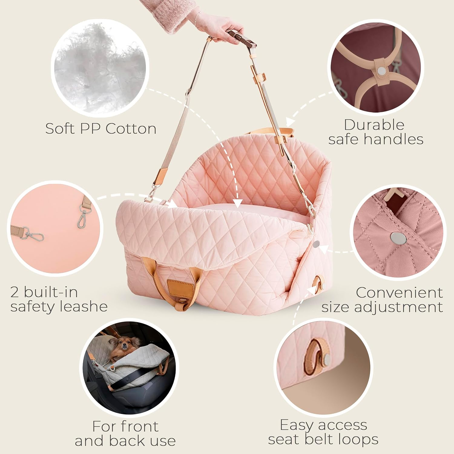 BDZBREN 3-In-1 Dog Car Seat for Small Pets 0-18Lbs，Portable Carrier, Travel Bed with Safety Leash | Waterproof, Machine Washable, Anti-Slip Base (Pink, L) - Beige image number 4
