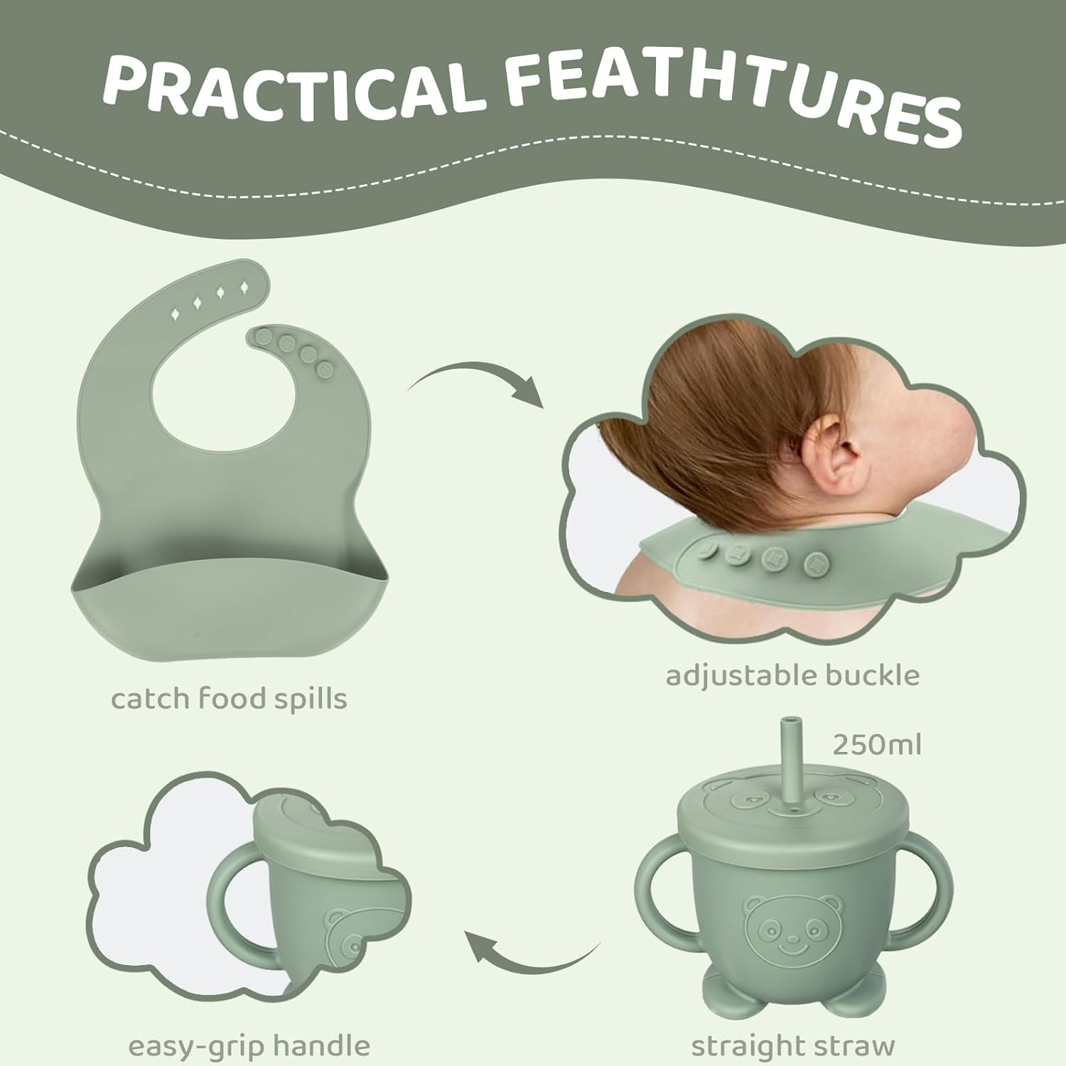 10Pc Baby Feeding Set | Stainless Steel Divided Plate&Suction Bowl with Removable Silicone Suction Base, Silicone Bib, Sippy Cup with Lid, Forks Spoons Snack Container for Baby Led Weaning Supplies image number 4