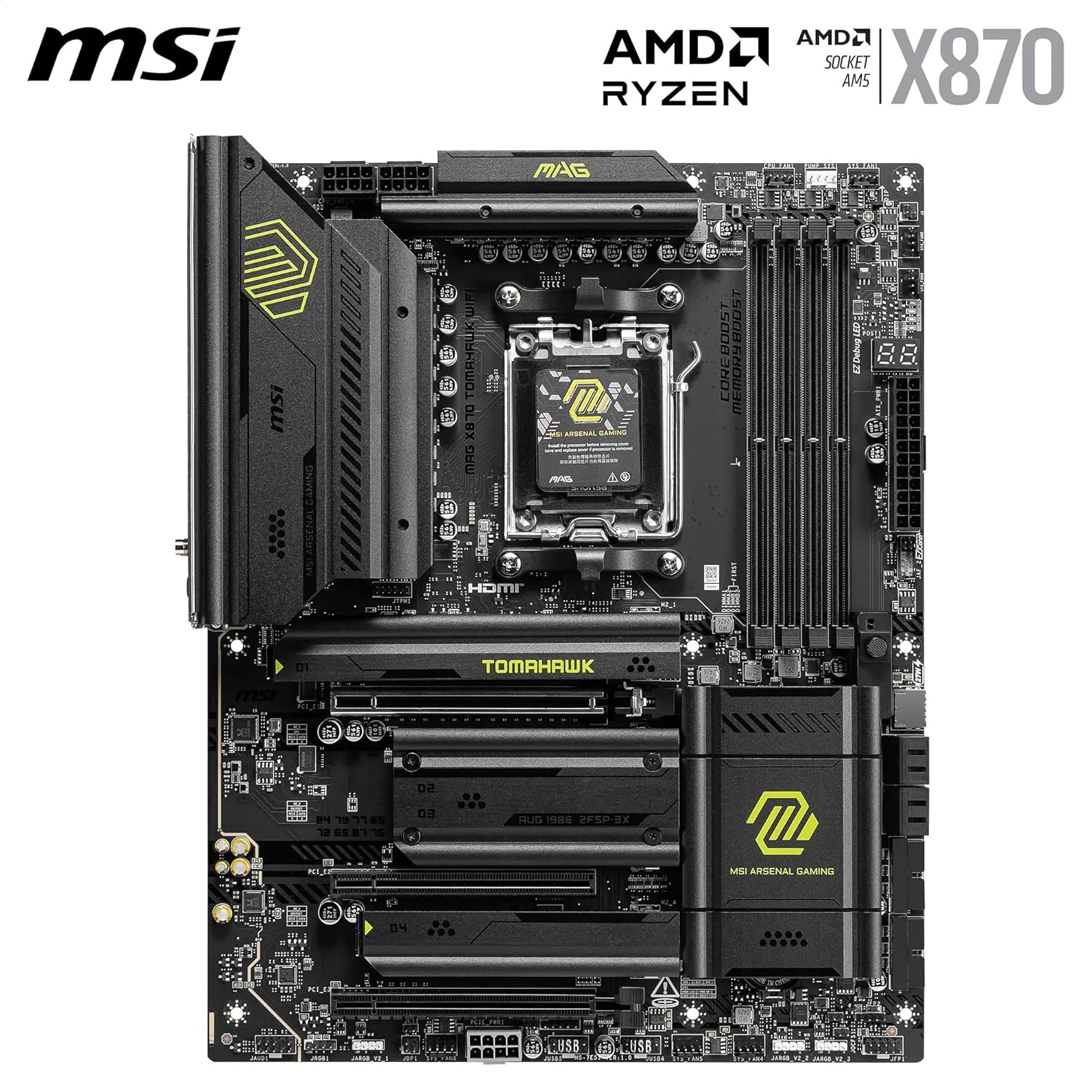 MSI MAG X870 Tomahawk Wifi Motherboard, ATX - Supports AMD Ryzen 9000/8000 / 7000 Processors, AM5-80A SPS VRM, DDR5 Memory Boost 8400+Mt/S (OC), Pcie 5.0 X16 & 4.0 X16, M.2 Gen5, Wi-Fi 7, 5G LAN image number 1