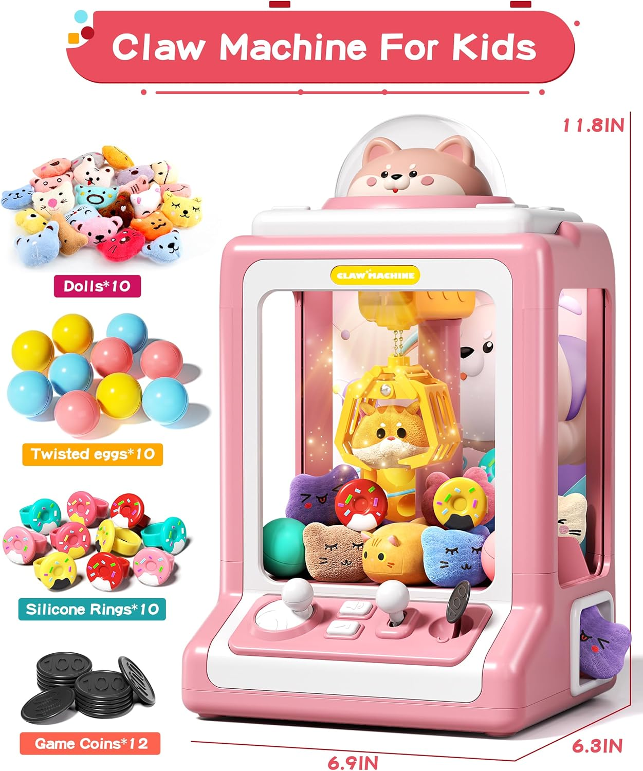 Claw Machine for Kids, Mini Vending Machine with Game Coins & Music, Prize Dispenser Toys for Girls and Boys, Electronic Claw Game Machine for Party Birthdays, Includes 35 Mini Toys (Doggy Pink) image number 2